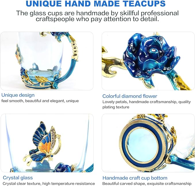 330ML Enamel Tea Cup Glass Coffee Mug Handmade Rose Flower Tea Mug for Father's Day,Mother's Day,Valentine’s Day, Birthday, Christmas Gift with Stainless Steel Spoon Set