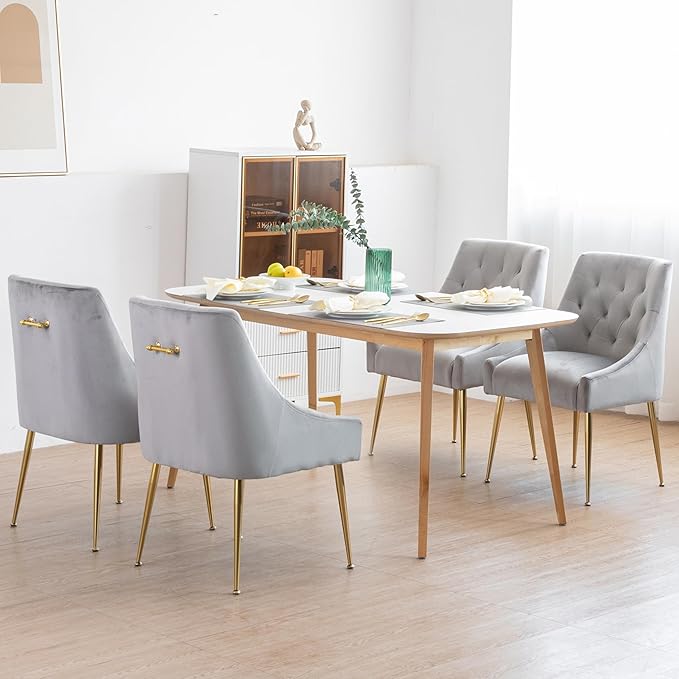 Modern Dining Chairs Set of 4, Mid Century Dining Chairs with 5.12” Cushions and Golden Legs, Velvet Upholstered Chairs with Back Pull Rod, for Kitchen, Living Room, Grey