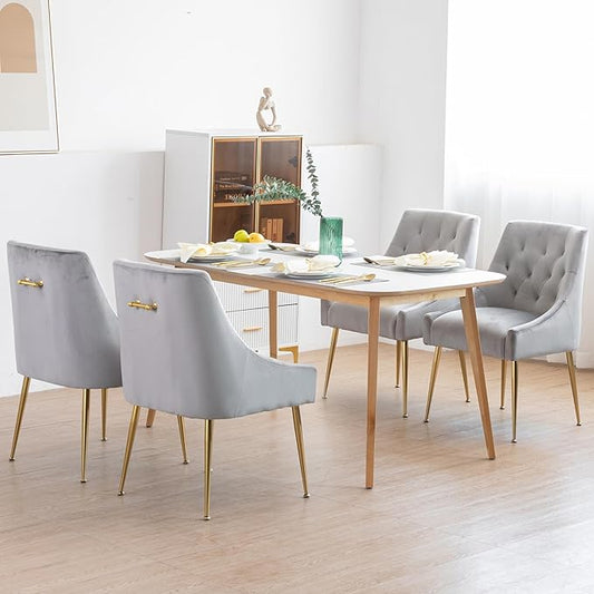 Modern Dining Chairs Set of 4, Mid Century Dining Chairs with 5.12” Cushions and Golden Legs, Velvet Upholstered Chairs with Back Pull Rod, for Kitchen, Living Room, Grey