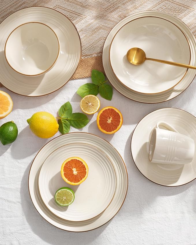 Famiware Jupiter Dinnerware Set, Plates and Bowls Dish Sets for 8 (24 Pieces), Microwave and Dishwasher Safe Stoneware Speckled Tableware, Chip and Scratch Resistant, Vanilla White