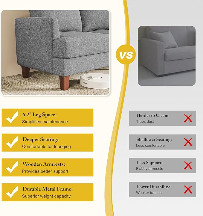 3 Seater Sofa Couch with Deep Seats, 89" Mid Century Modern Upholstered Sofa with Armrests, Comfy Couches for Living Room, Bedroom and Office, Linen Fabric Apartment Couch (Linen Grey)