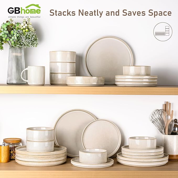 GBHOME Stoneware Dinnerware Sets for 4,Round Reactive Glaze Ceramic Plates and Bowls Set,Highly Scratch Resistant | Dishwasher & Microwave Safe Dishes Set,Service for 4(12Pcs),Vanilla White