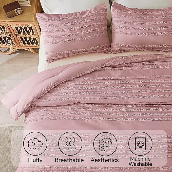 BEDELITE Boho Twin/Twin XL Comforter Set，Dusty Pink Tufted Striped Bed Set 2 Pieces, Soft Vintage Farmhouse Comforter for College, Boho Home Dorm Decor, Fluffy Jacquard Bedding with 1 Pillow Sham