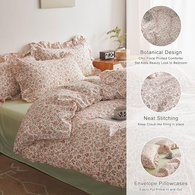 EAVD Garden Cute Small Floral Comforter Set Twin XL Fluffy Soft Microfiber Chic Shabby Floral Bedding Set with 2 Pillowcases Reversible Fresh Botanical Comforter Set for All-Season