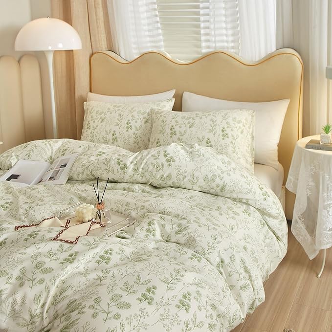 EAVD Fresh Green Floral Comforter Set King White Fluffy Soft Microfiber Chic Garden Floral Bedding King Bed Comforter and 2 Pillowcases Reversible Vintage Botanical Comforter Set for All-Season