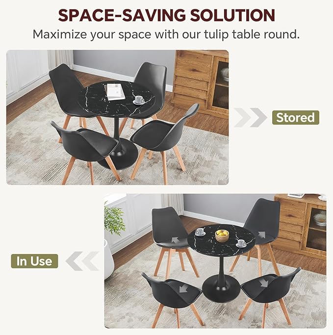 Small Space 27.5 Inch Black Faux Marble Round Tulip Dining Table - Mid Century Pedestal Base Kitchen Table for 2-4 People - Easy Assembly & Easy to Clean