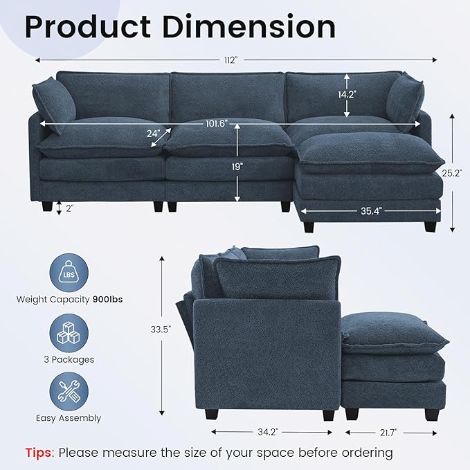 ROWHY Oversized Modular Sectional Couch with Movable Ottoman, 112" Modern Convertible L Shaped Sofa Set, 4 Seat Comfy Cloud Couch with 2 Throw Pillows, for Living Room, Chenille, Royal Blue