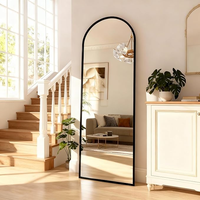 Arched Full Length Mirror,64" L x 20" W Floor Mirror, Aluminum Alloy Frame, Shatterproof Glass - Free Standing, Leaning or Wall Mounted for Bedroom, Living Room, Entryway, Modern Home (Black)