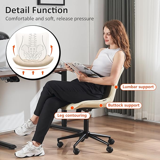 Kidol & Shellder Beige Leather Home Office Desk Chair with Wheels Modern Cute Armless Executive Swivel Vanity Chair with Comfy Padded Back Ergonomic Rolling Adjustable Computer Task Chair Small
