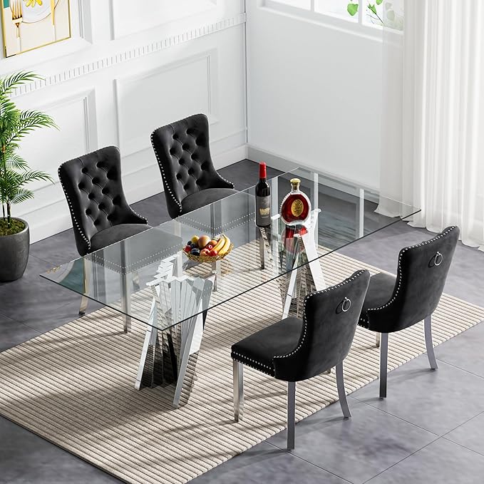 Goujxcy 70" Glass Dining Table Set for 4, Modern Silver Dining Table Set with 4 Black Velvet Upholstered Dining Chairs, 5 Piece Kitchen Dining Room Table Set with Stainless Steel Legs