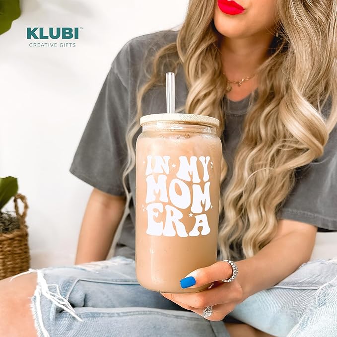 KLUBI In My Mom Era Cup 16 Ounce Mug - Gifts for New Mom Glass Jar with Straw Cups Birthday Gifts for Mother Birthday Gift for New Mothers Presents for Mama Gift