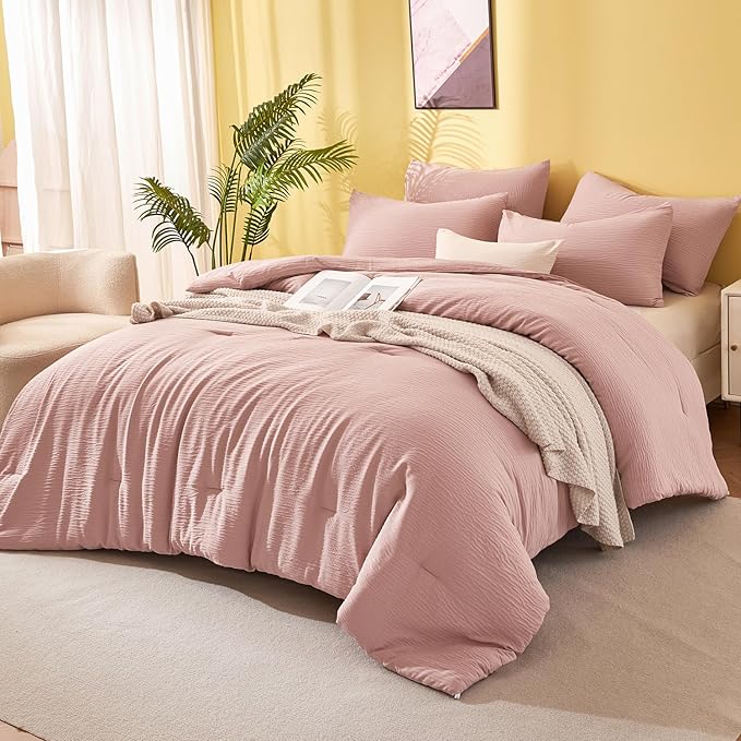 King Size Comforter Set Dusty Rose - Double-Layer Crinkle Gauze Bed Set, 3 Pieces Soft Bedding Set for All-Season, Lightweight Warmth with 2 Pillowcases