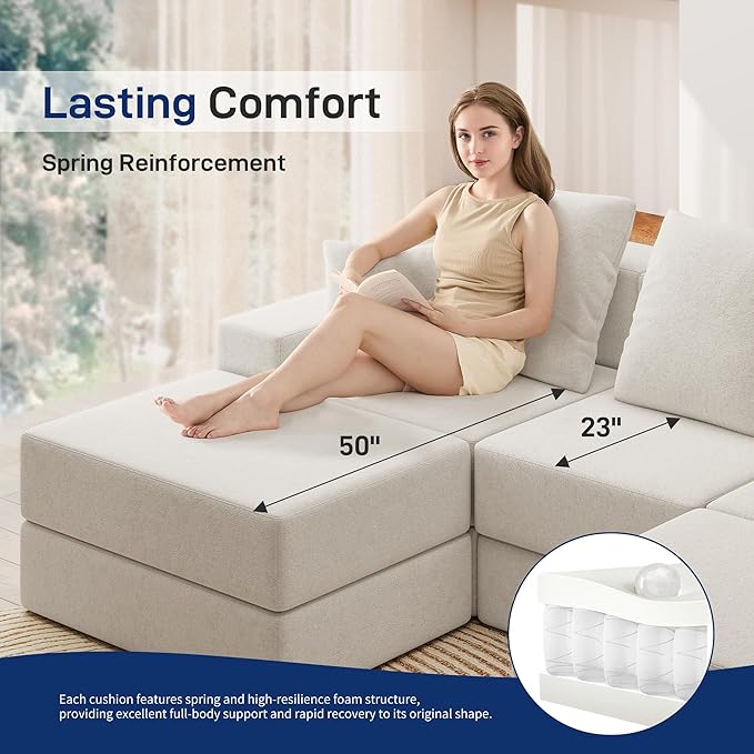 Living&Giving 128" U-Shaped Cloud Sectional Couch for Living Room, Cloud Boneless Couch-No Assembly with Reversible Chaise, Customizable 4-Seat Modular Sectional Sofa with 3 Ottoman, Beige