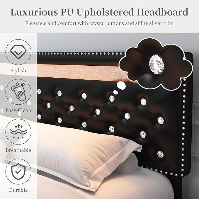 King Led Bed Frame with 2 Drawers, Heavy Duty King Size Platform Bed with Storage, Upholstered Bed Frames with Adjustable Headboard, Solid Support, No Box Spring Needed, Easy Assembly, PU Black