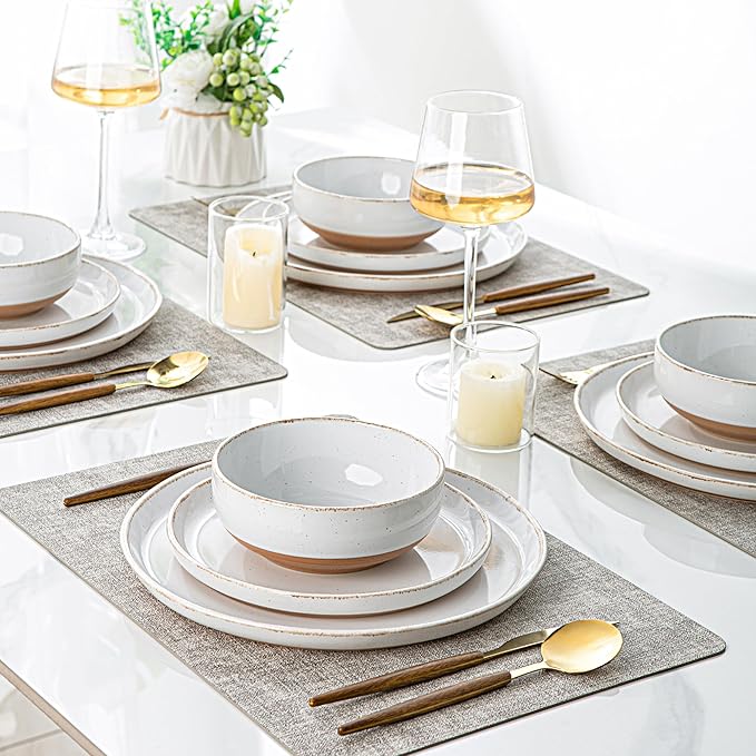 AmorArc 24 Pieces Ceramic Dinnerware Sets for 8, Handpainted Stoneware Plates and Bowls Set with Rustic Terracotta Underside, Scratch Resistant Dishes Set, Dishwasher & Microwave Safe, White