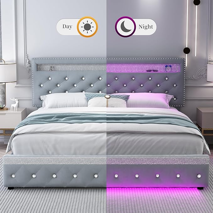 King Led Bed Frame with 2 Drawers, Modern Platform Bedframe with Adjustable Upholstered Crystal Button Tufted Headboard and Storage, No Box Spring Needed, Noise-Free, Easy Assembly, Velvet Grey