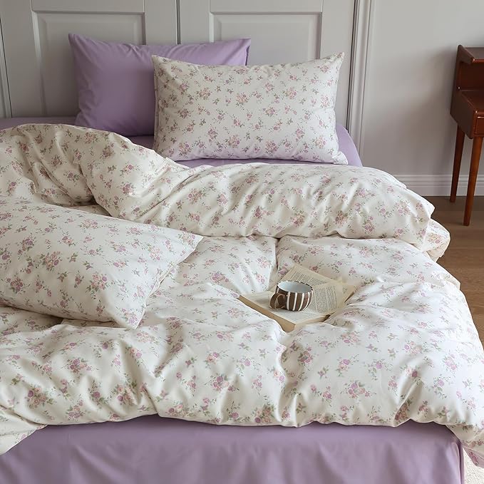 EAVD Garden Pink Purple Floral Comforter Set Full Soft Microfiber Chic Shabby Floral Bedding Set with 2 Pillowcases Fresh Cute Botanical Comforter Set for All-Season