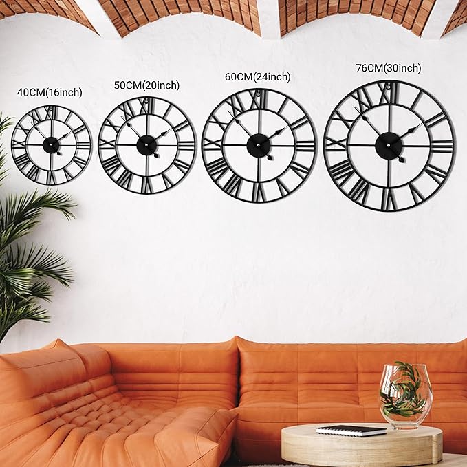 20inch/50cm Large Wall Clocks for Living Room Decor,Modern,Battery Operated,Silent,Non Ticking,Big Black Round Wall Clock for Home,Farmhouse,Office,Decoration(Iron Roman Numerals, 20 inches)
