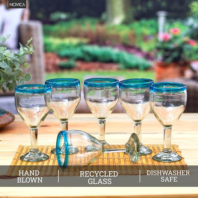 NOVICA Artisan Handblown Glass Wine Glasses Clear with Aqua Rim 8 Oz Set of 6 Blue Mexico Tableware Drinkware Recycled Eco Friendly [ 7.75in H x 3.7in Diam. 11 Oz.] ' Aquamarine Kiss' Set of 6