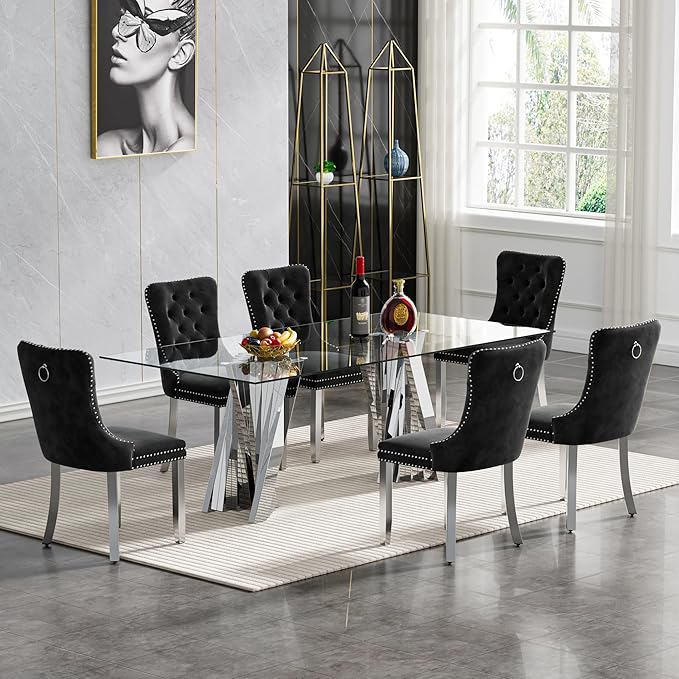 Goujxcy 70" Glass Dining Table Set for 6, Modern Silver Dining Table Set with 6 Black Velvet Upholstered Dining Chairs, 7 Piece Kitchen Dining Room Table Set with Stainless Steel Legs