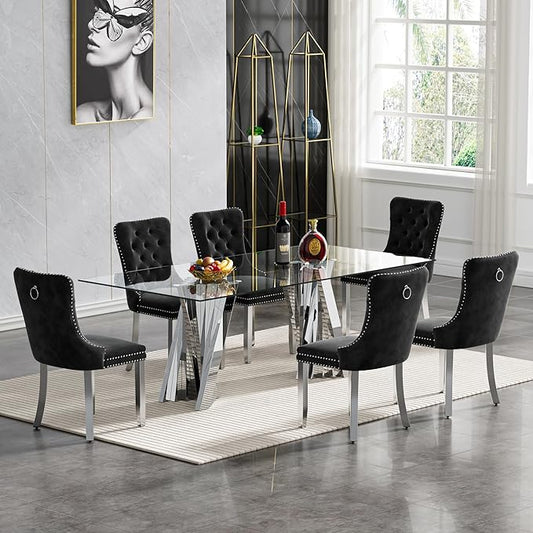 Goujxcy 70" Glass Dining Table Set for 6, Modern Silver Dining Table Set with 6 Black Velvet Upholstered Dining Chairs, 7 Piece Kitchen Dining Room Table Set with Stainless Steel Legs