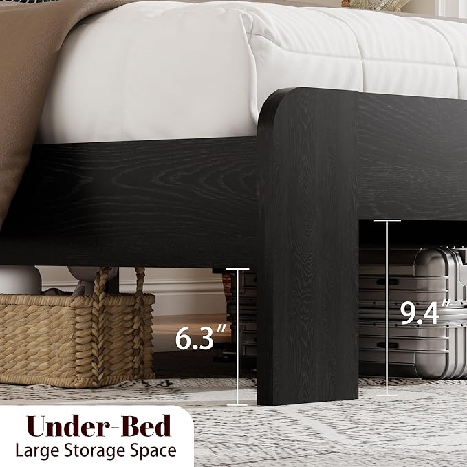 Wooden Bed Frame Queen Size with Headboard, Farmhouse Platform Bedframe with Wood Slat Support, Sturdy Framework Bed Frame, Easy Assembly (Rustic Black)
