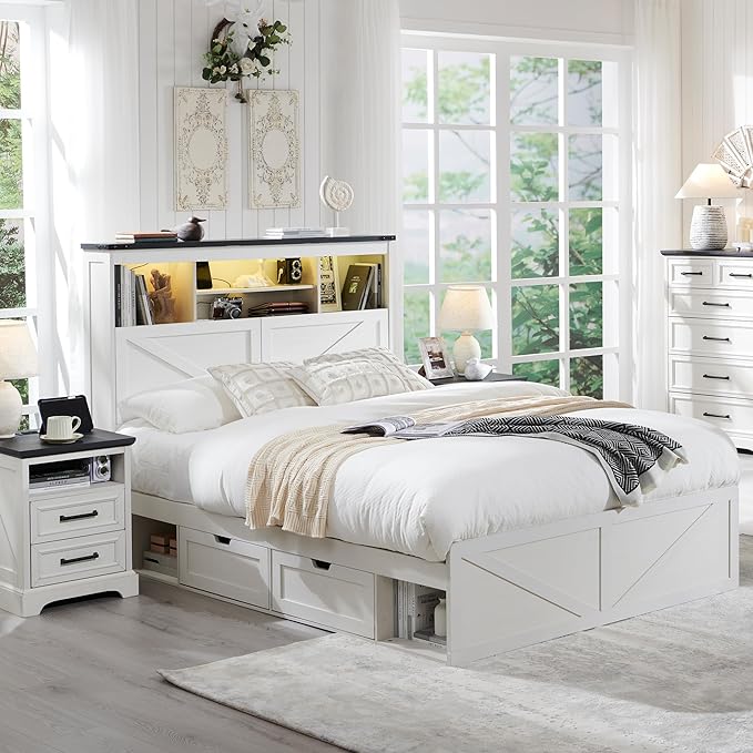 ACCOHOHO Farmhouse Full Size Bed Frame with 52" Tall Storage Headboard and LED Light, Wood Platform Bed with 4 Drawers, Charging Station, Solid Wood Slats Support, No Box Spring Needed, Antique White