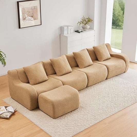 Camel L-Shaped Cloud Couch with 1 Ottoman, Modern Teddy Fabric Boneless Sectional Sofa in a Box, Modular Floor Sofa for Living Room, Deep Seat, No Assembly Required, Sofas para Sala
