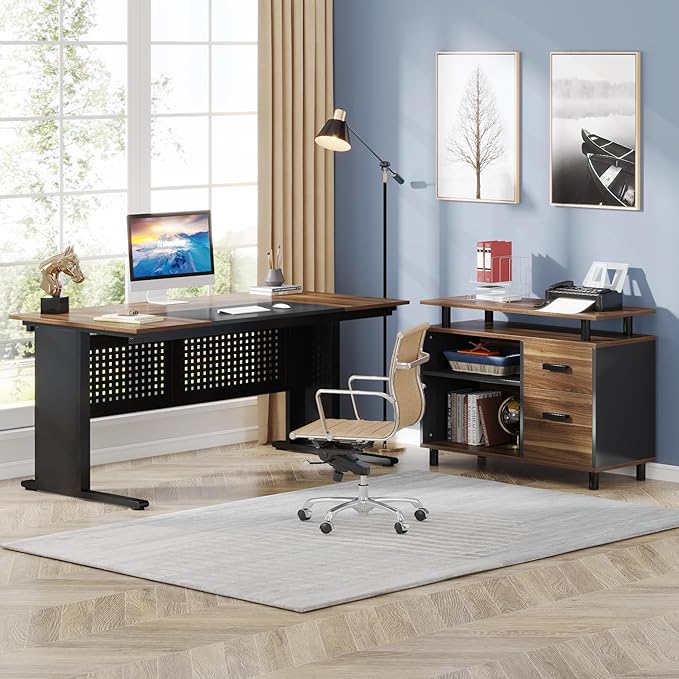 LITTLE TREE Large Computer Desk with File Cabinet, 63 Inch L Shaped Executive Office Desk with Drawers and Storage Shelves, Business Furniture Workstation for Home Office