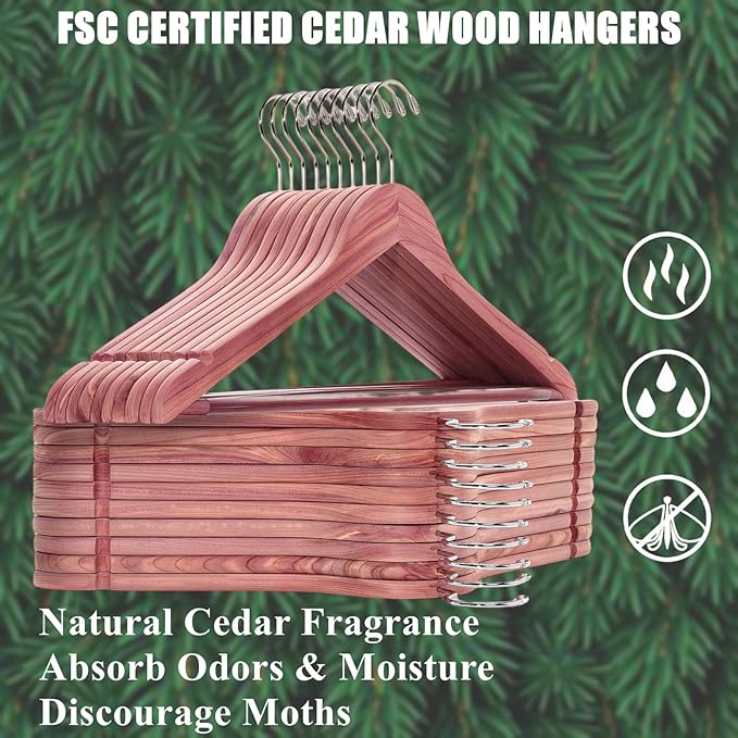 Amber Home 30 Pack American Red Cedar Hangers, Smooth Finish Wood Coat Hangers with Swivel Hook & Notches for Suit, Shirt, Dress, Jacket, Pants