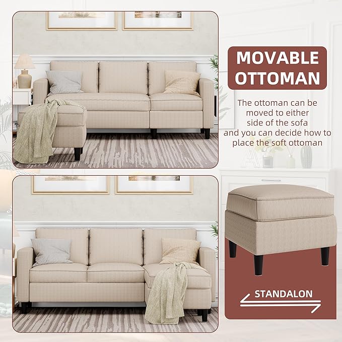 JAMFLY Sectional Sofa Couch Convertible L Shaped Sofas with Ottoman Small Sectional Couches for Living Room, 3 Seater Couch for Small Spaces, Khaki
