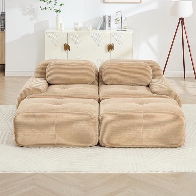 80" Modern Corduroy Boneless Love Seat Couches with 2 Ottomans, 2 Seater Large Sectional Couches for Living Room, Camel Cloud Modular Sectional Sofa, Memory Foam, Extra Deep Loveseat, No Assembly