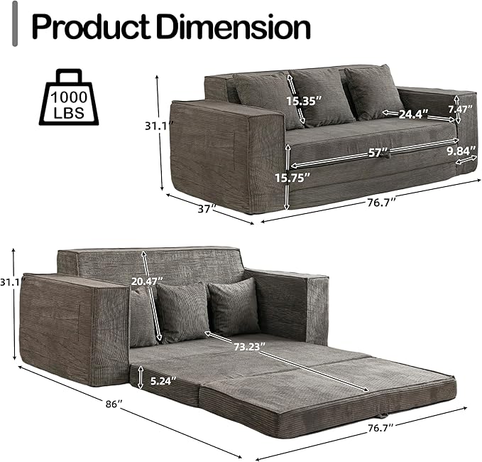 HOMREST 76" Convertible Memory Foam 3-seat Sofa, Pull Out Sleeper Sofa Bed, 2 in 1 Folding Couch Bed, Fold Out Floor Couch Corduroy Fabric with 3 Pillows for Living Room Bedroom Lounge (Grey)