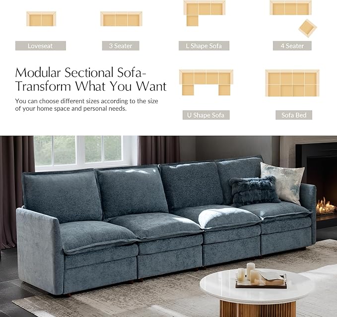 HULALA HOME 128'' Oversized Modular Sectional Sofa with Dual-Layered Cushions, 4 Seater Sofa with Storage Ottoman and Removable Cover, Modern Deep Seat Cloud Couch for Living Room, Blue
