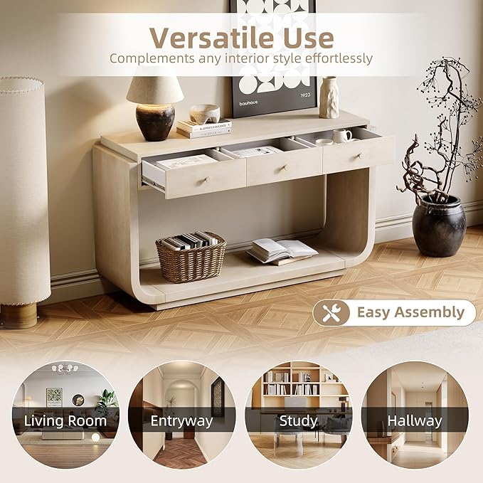 Merax 55" Entryway Table with 3 Drawers, Natural Wood Grain Finish Console Table with Fluted Design for Entryway and Living Room (Beige)
