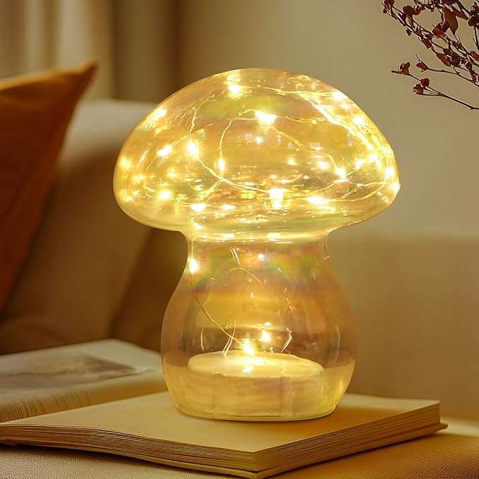 Glass Mushroom Table Lamp, 5.9" Cute LED Night Light for Home Decor, Battery Operated (3 AA), Modern Ambient Light for Living Room Bedroom Office Clear