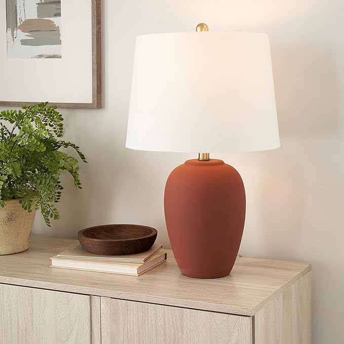 Nourison Home 23" Rust Orange Ceramic Pot Table Lamp for Bedroom, Living Room, Dining Office, with White Tapered Drum Shade