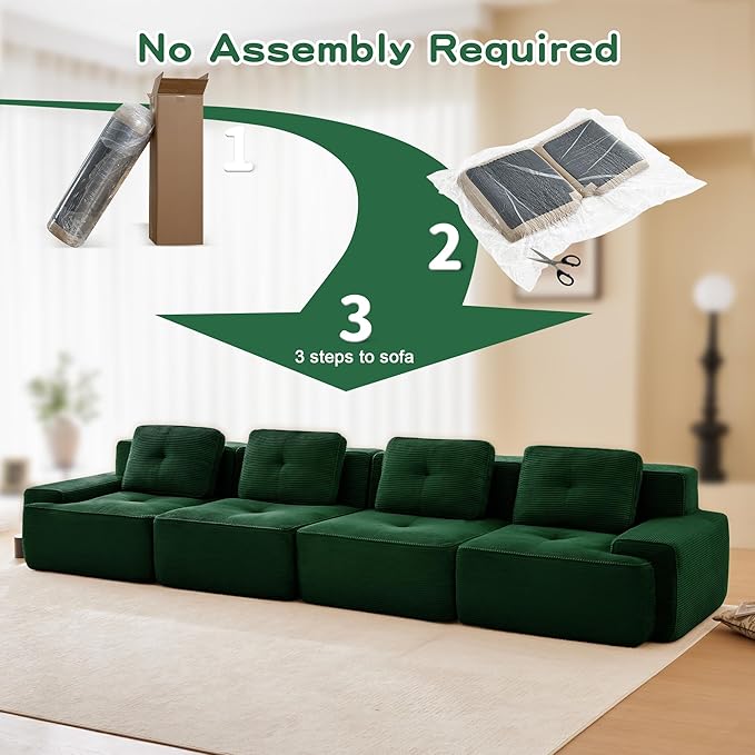 150.4'' Sectional Sofa, 32D Foam Corduroy Boneless Couch with Pillow, Deep Seat Wide Arm Sectional Couch for Apartment, Living Room, Bedroom