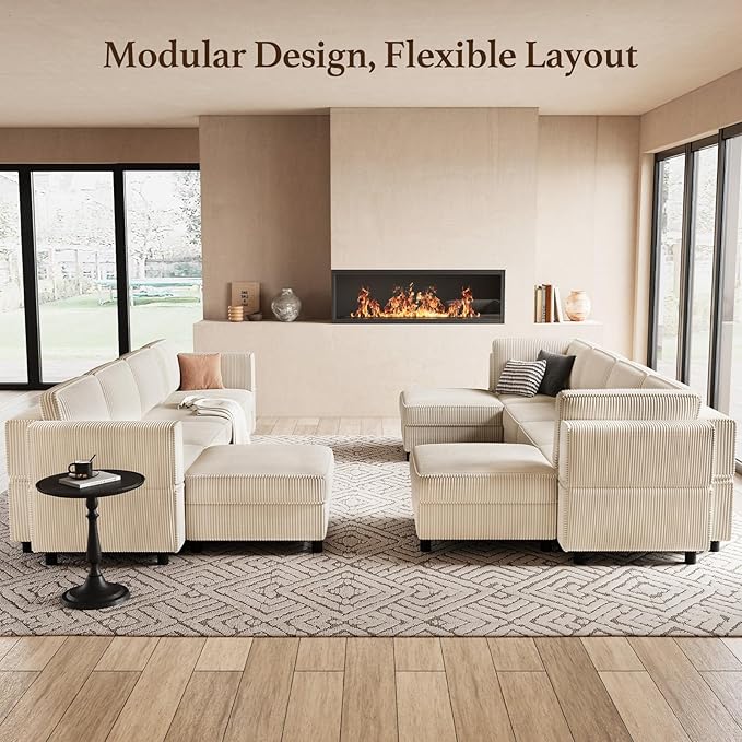 88.6" Modular Sectional Sofa with Deep Storage Seat,6 Seat Corduroy Sectional Couch Convertible Modular Sleeper Sofa Couch with Movable Ottoman Chaise,Sectional Couches for Living Room,Beige