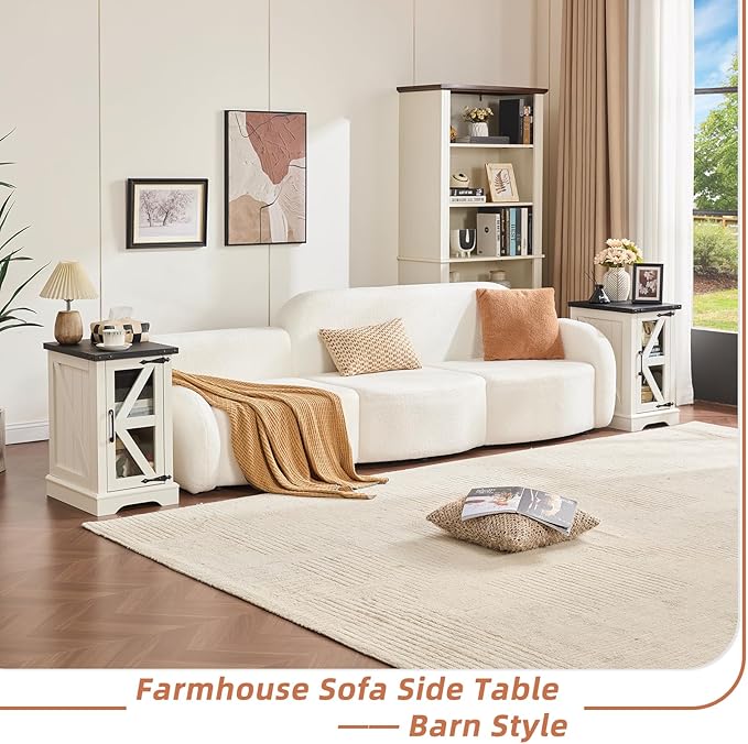 Farmhouse Coffee Table Sets 3 Pieces, Narrow Night Stand with Glass Barn Door Storage, Large Coffee Tables with Hidden Storage Organizer, Wood Furniture Sets for Living Room, Office, White
