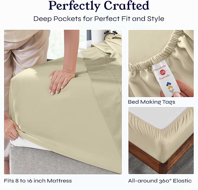 California Design Den Queen Sheet Set - Soft 400 Thread Count Sateen, Natural 100% Cotton Sheets with Deep Pockets, Cooling and Durable Bedding Set - Beige (Golden Tone)