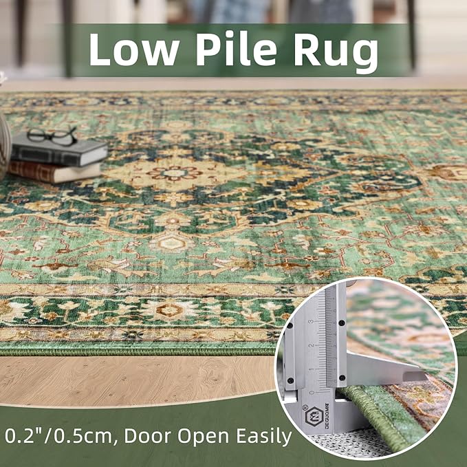 Green Rug 5x8 Area Rugs for Bedroom Washable Rugs Boho Vintage 5x8 Rug for Living Room Carpet Non-Slip Family & Pet Friendly Print Floor Rug(Border Green)