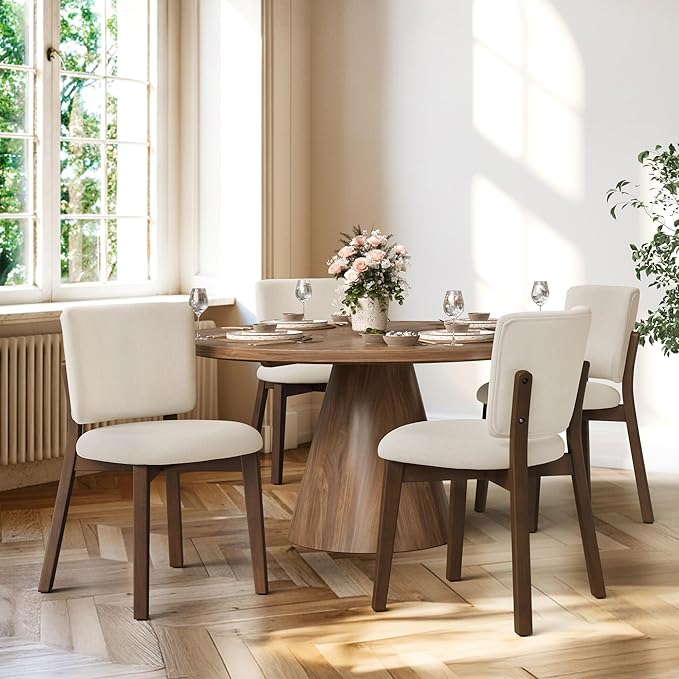 LUE BONA Wooden Dining Chairs Set of 6, Comfortable Wide Back Kitchen Side Chairs, Strong Thick Legs for Modern Farmhouse Dining Room, Linen Upholstered and Dark Brown Legs