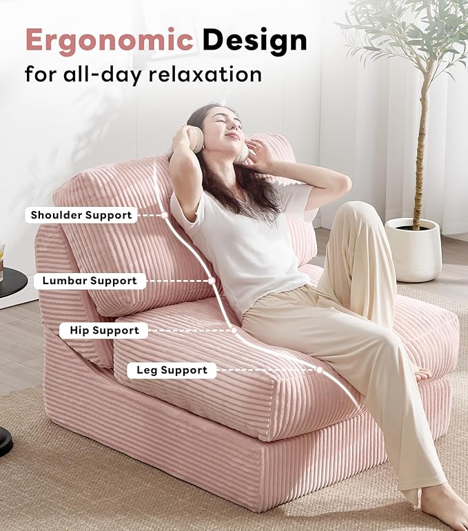 Tbfit Folding Sofa Bed, Convertible Sleeper Chair with Large Pillow, Corduroy Folding Couch Bed, Portable & Foldable Mattress Boneless Floor Sofa for Living Room, Bedroom, Office, Pink, Single