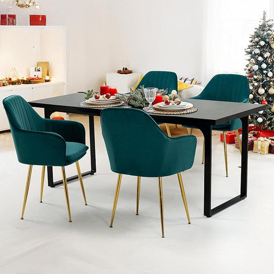ECOTOUGE Modern Dining Chairs Set of 4, Upholstered Dining Room Chairs with Golden Metal Legs, Matte Velvet Kitchen Chairs for Dining Table, Accent Chairs for Living Room, Emerald Green