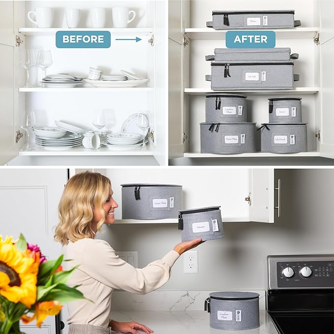 Hard Shell China Storage Containers 12-Piece Set Moving Boxes for Dinnerware, Glasses, Plates, Mugs and Saucers Sturdy Dish Organizer with Dividers for Seasonal Storage - Service for 12 - Grey