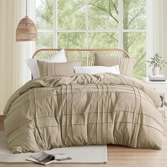 Comfort Spaces Khaki Full Size Comforter Set - 3 Pieces Pintuck Pleated Bedding Sets, All Season Lightweight, Extra Softness Pre-Washed Microfiber Full Bed Set, Shams, Full