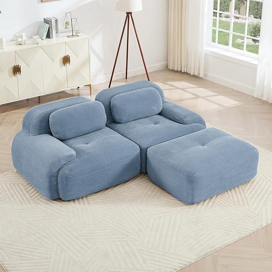 80" Modern Corduroy Boneless Love Seat Couches with 1 Ottoman, 2 Seater Large Sectional Couches for Living Room, Blue Cloud Modular Sectional Sofa, Memory Foam, Extra Deep Loveseat, No Assembly