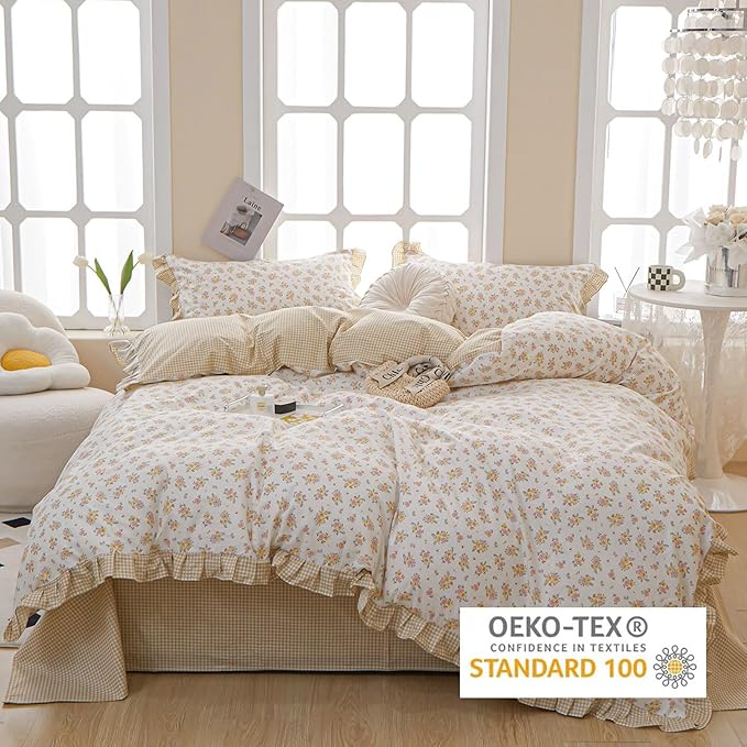 EAVD French Garden Style Ruffled Floral Comforter Set Full Fluffy Soft Microfiber Chic Shabby Pink Yellow Floral Bedding Set with 2 Pillowcases Fresh Botanical Comforter Set for All-Season