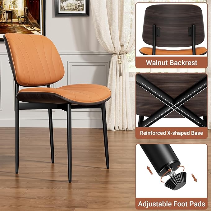 Dining Chairs Set of 2, Mid Century Modern Dining Room and Kitchen Chairs, Upholstered PU Leather Chairs with Walnut Bentwood and Metal Legs, Orange